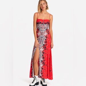Intimately Free People Red Boho Print Maxi Dress Slit Festival Size M